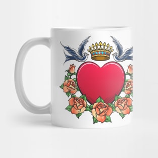 Heart with Crown swallows and rose Wreath Tattoo Mug